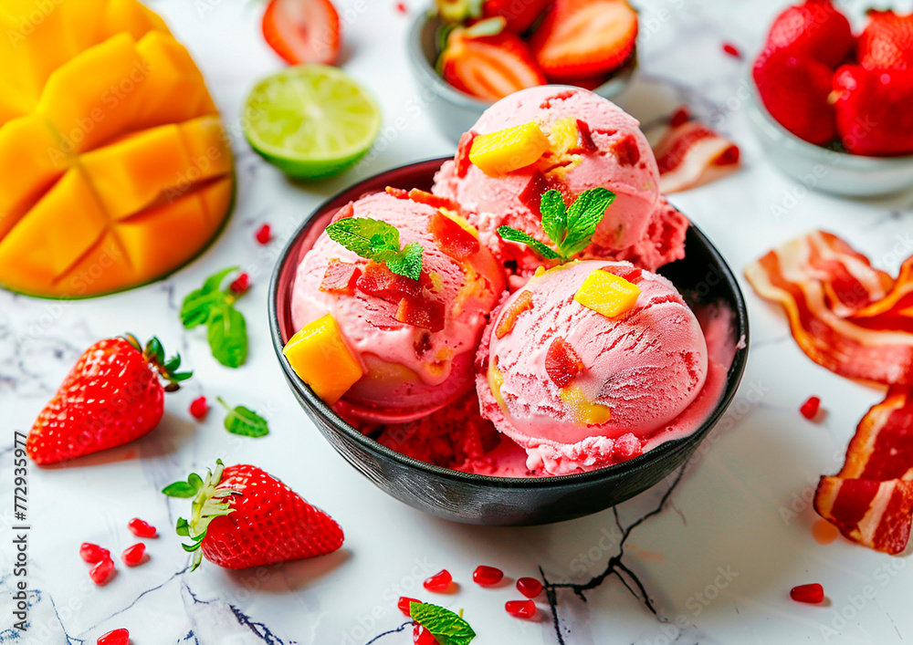 new modern, trendy ice cream creation with bacon, beef, strawberry, mango, chili, lime, modern light style, food photography new modern, trendy ice cream creation with bacon, beef, strawberry, mango, chili, lime, modern light style, food photography