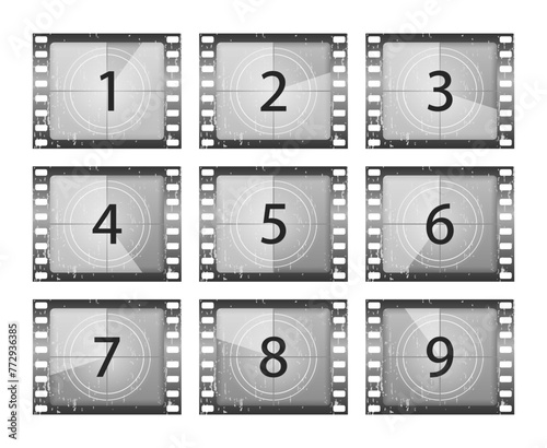 Big set a classic film countdown frame at the number one, two, three, four, five, six, seven, eight and nine. Old film movie timer count. Movies countdown vectors set. Vector Illustration