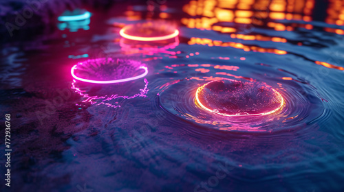 a group of glowing rings floating in water photo