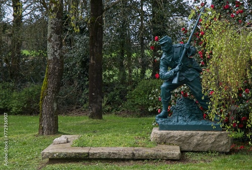 Sainte Anne d'Auray, France - Mar 27, 2024: Breton National Necropolis contains the graves of French and Belgian soldiers who were killed during First and Second World War. Cloudy day. Selective focus photo