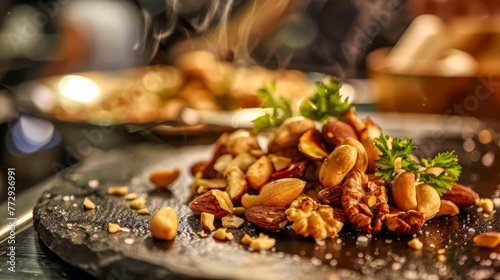 Gourmet roasted mixed nuts on slate plate