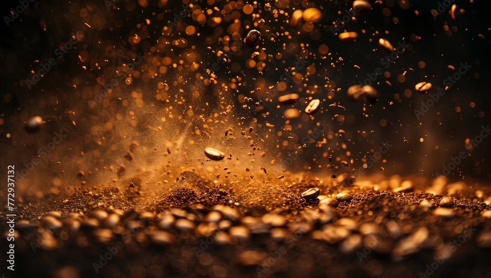 coffee beans falling on the ground, with a dark background