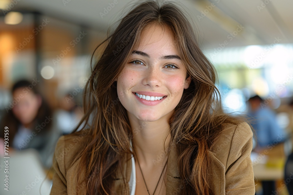 Smiling Beauty with Long Hair and Brown Jacket Generative AI