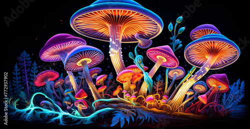 a group of mushrooms with glowing lights