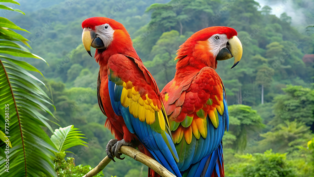Scarlet macaws in Costa Rican forest