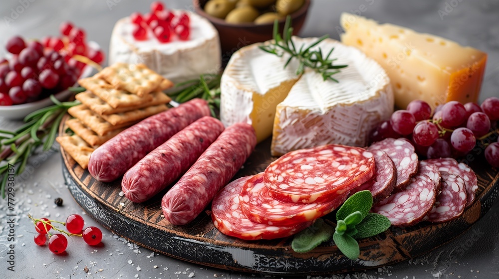 Explore a diverse spread of cheeses, sausages, crackers, and berries arranged enticingly on a platter Explore a diverse spread of cheeses, sausages, crackers, and berries arranged enticingly on a platter