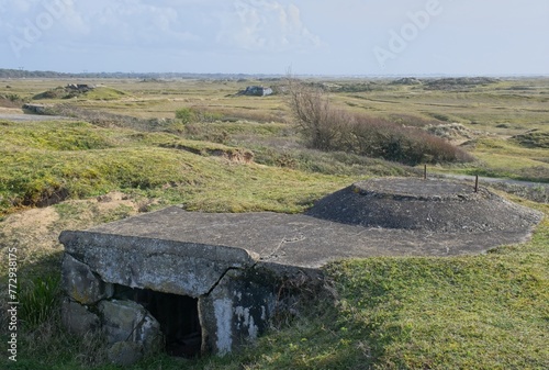 Plouharnel, France - Mar 29, 2024: Vannes Coastal Defense battery. It covers the Quiberon peninsula as well as the Gulf of Morbihan. Sunny spring day. Selective focus.