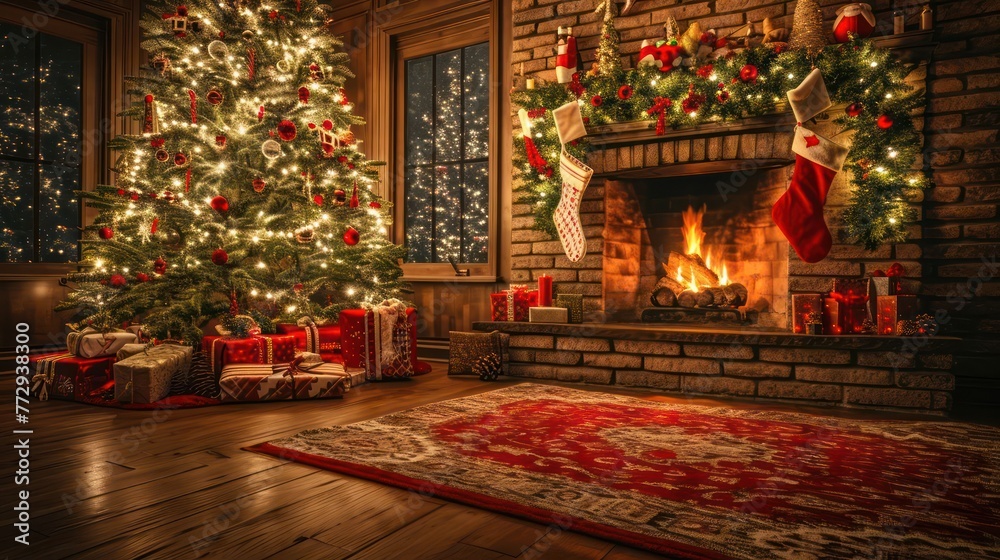 festive Christmas scene with a cozy fireplace, stockings, and a beautifully decorated tree, creating a warm and joyful composition