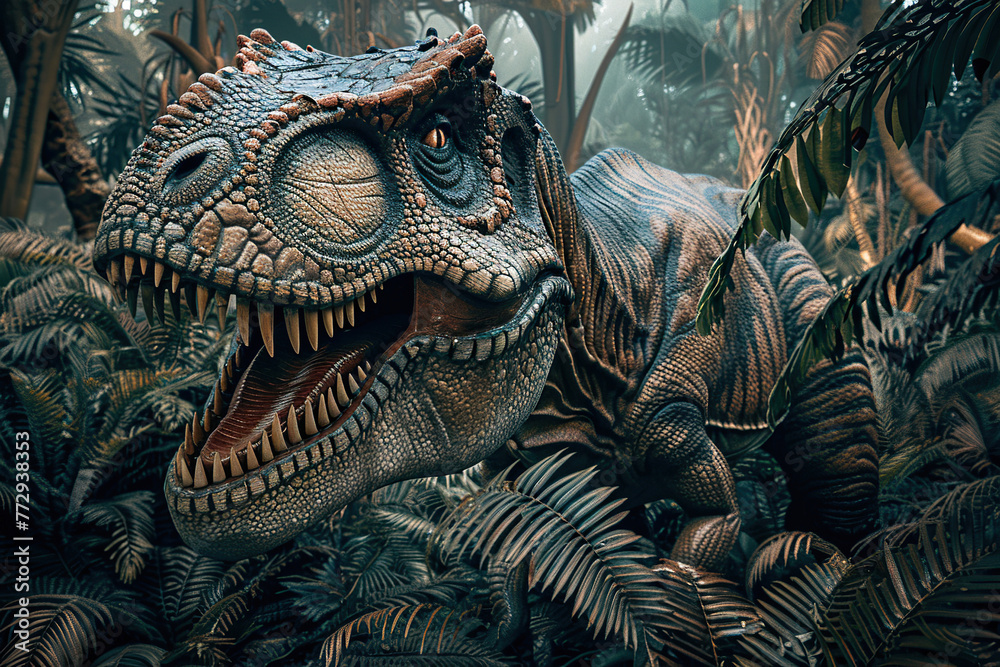 Fototapeta premium Generative ai on theme of big scary hungry dinosaur with kind eyes and sharp teeth destroying park