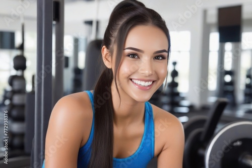 Fitness young smiling woman in sports T-shirt in the gym. Concept of a healthy lifestyle and a slim figure. Generative A
