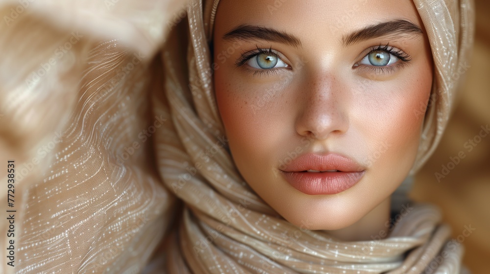 Stylish Muslim woman in beige hijab adorned with natural makeup exudes contemporary elegance and grace Stylish Muslim woman in beige hijab adorned with natural makeup exudes contemporary elegance and grace