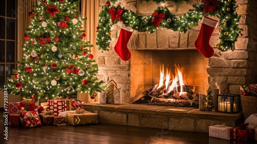 festive Christmas scene with a cozy fireplace  stockings  and a beautifully decorated tree  creating a warm and joyful composition