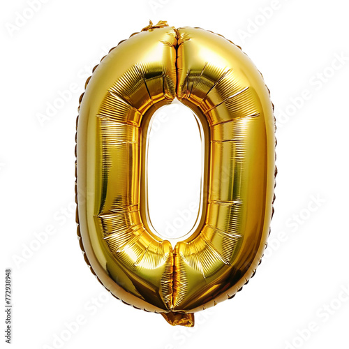 Number 0 gold foil balloon isolated on transparent background. Helium balloon font.