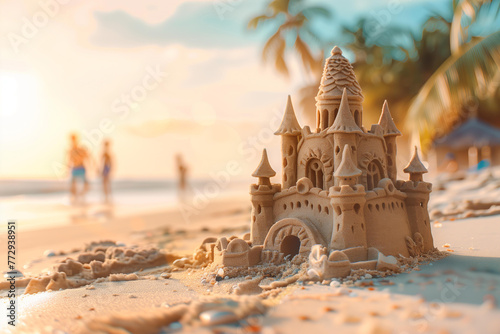 
beautiful sand castle on the beach shore , happy family blurred on the background.  photo