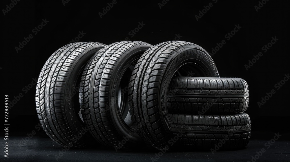 Tire set collection. Isolated on black background Generative AI Tire set collection. Isolated on black background Generative AI