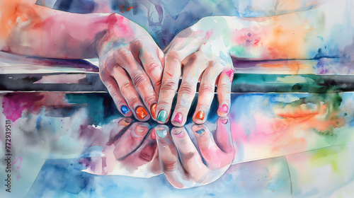 Akwarela przedstawiająca dłonie kobiety z pomalowanymi paznokciami