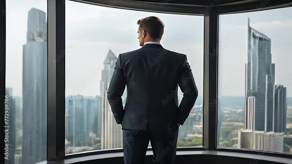 businessman standing thinking about strategies on how to make his business successful while looking at the city with tall buildings during the day with a copy space area businessman standing thinking about strategies on how to make his business successful while looking at the city with tall buildings during the day with a copy space area