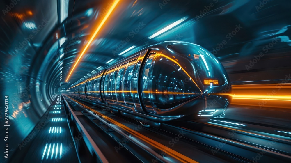 futuristic transportation system with magnetic levitation trains, futuristic architecture, and advanced infrastructure, showcasing the evolution of urban mobility