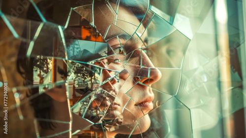Fragmented reflection: a woman's face in broken mirror photo
