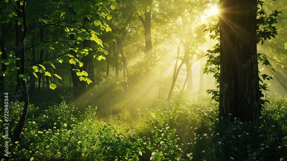 Rays of light in a deep forest. Trees, path, greenery, sun, flowering, nature, thicket, taiga, clearing, firewood, edge, pine needles, field, grove, animals, air, berries. Generated by AI Rays of light in a deep forest. Trees, path, greenery, sun, flowering, nature, thicket, taiga, clearing, firewood, edge, pine needles, field, grove, animals, air, berries. Generated by AI