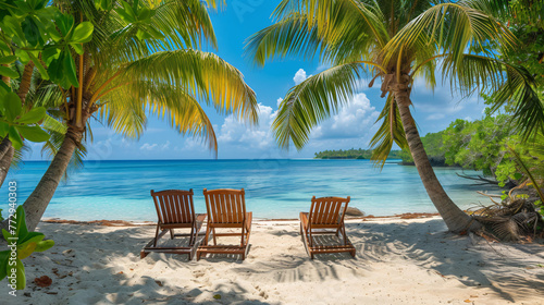 chairs on a beach with palm trees © Mihai
