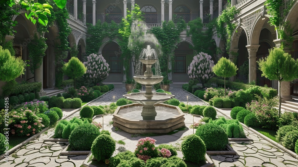Fountain in a vintage garden. Water, splashes, park, summer, stream, drops, heat, beauty, rainbow, square, city, recreation, geyser, coins, marble, square, pool, tower. Generated by AI