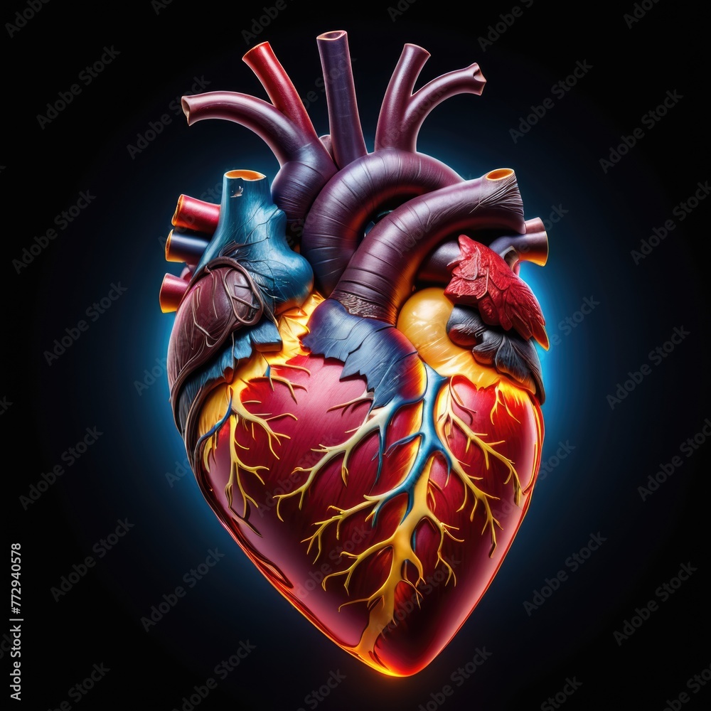 Naklejka premium Close-up reveals intricate details of human heart, illuminated, radiating subtle glow, captivatingly profound