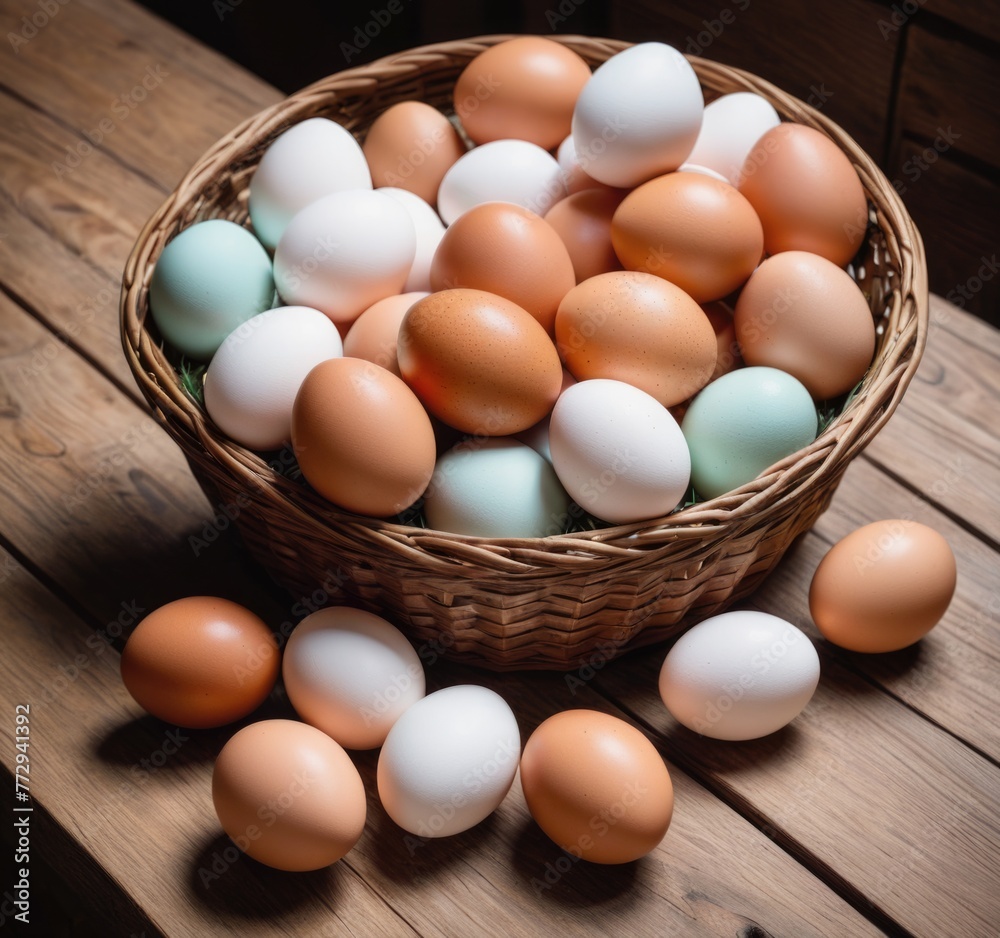 A rustic basket brimming with farm-fresh eggs placed atop a wooden table, evoking a wholesome and pastoral scene A rustic basket brimming with farm-fresh eggs placed atop a wooden table, evoking a wholesome and pastoral scene