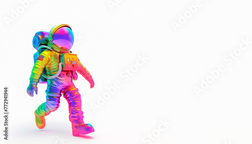 A colorful astronaut figure in motion on a white background with space for text. Concept: color, dynamic, vibrant, futuristic, space, exploration, isolated
