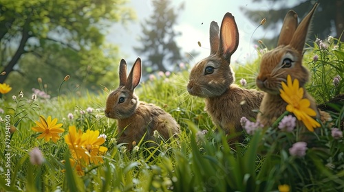 Hares in the forest. Ears, food, grass, rabbit, carrot, animal, tail, cabbage, teeth, fur coat, jump, tracks, paws, fur, hunting speed, meat, fast. Generated by AI photo