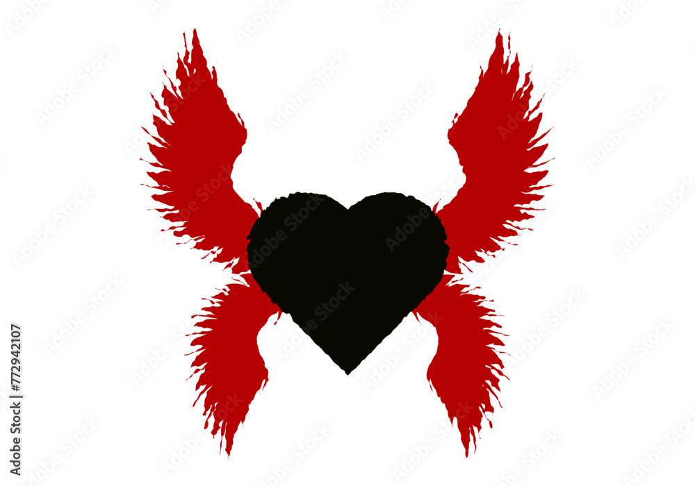 Corazón negro con alas rojas en fondo blanco. Corazón negro con alas rojas en fondo blanco.