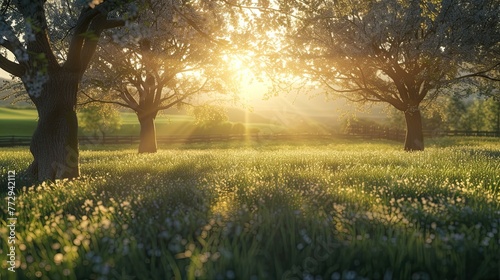 Field in the rays of dawn. Nature, air, relaxation, sun, weather, village, vacation, weekend, therapy, early, romance, sleep, hills. Generated by AI