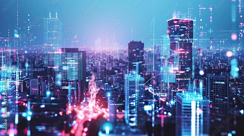 Cybernetic city. Anti-design, corporation, progress, art, abstract, hologram, skyscraper, cyberpunk, hacking, virtual reality, matrix, futurism. Generated by AI