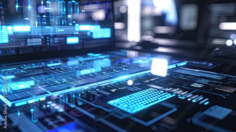 custom made wallpaper toronto digitalCybernetic laptop. Anti-design, internet, gadget, monitor, buttons, neon, corporation, progress, art, abstract, hologram, cyberpunk, hacking, virtual reality, matrix, futurism. Generated by AI