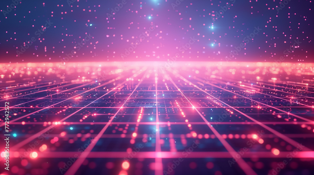 Glowing Grids cape A vast, glowing grid with abstract shapes and data packets traveling along its lines