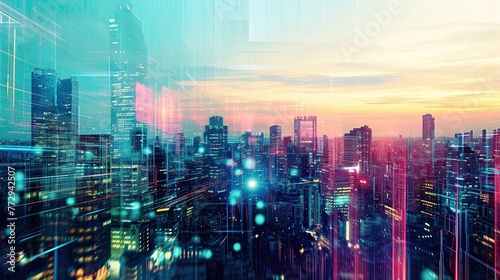 Cybernetic city. Anti-design  art  abstract  hologram  skyscraper  cyberpunk  hacking  virtual reality  matrix  futurism. Generated by AI