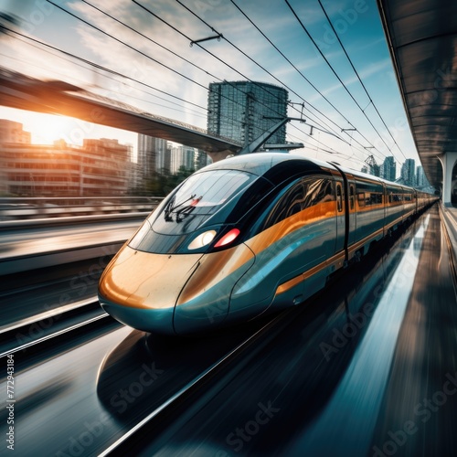 train speeds towards the camera, daylight, futuristic cityscape, motion blur, depth of field, cinematic shot