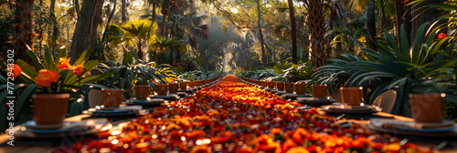 Pathway through live oak hammock trail forest  On a crisp autumn day a colorful procession of pumpkins and squash stroll along the ground 