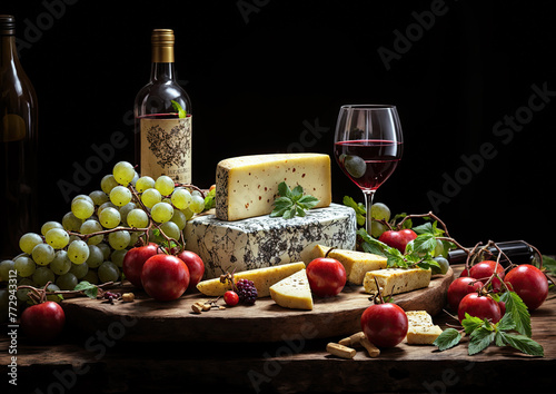 Cheese composition with red wine, grapes and nuts on wooden board