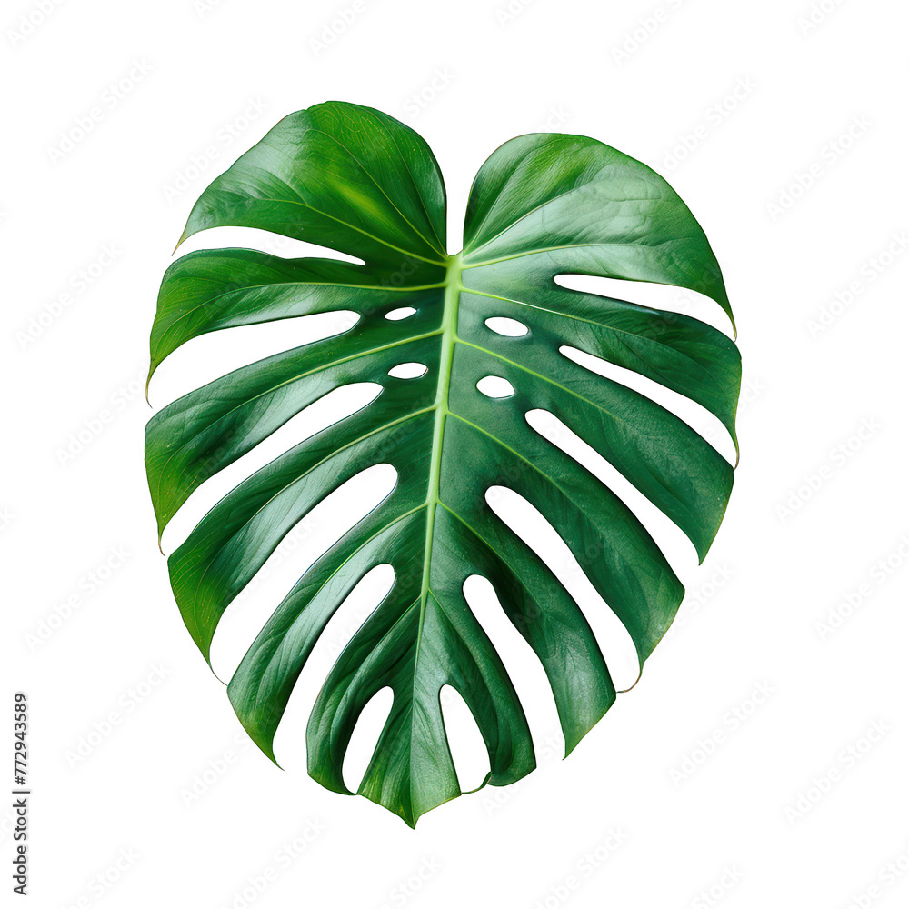 Green leaf of Swiss cheese monstera plant or split-leaf philodendron (Monstera deliciosa) the tropical foliage popular houseplant on transparent, alpha background png - obrazy, fototapety, plakaty 