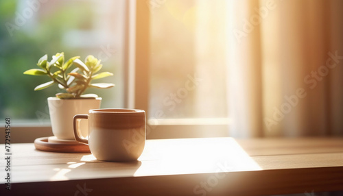 A cup of coffee and plant no the table with morning sunlight at home