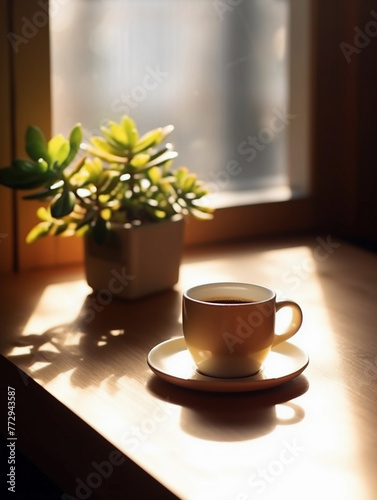 A morning scene at home with cup of coffee and green plant © Afloatingdot