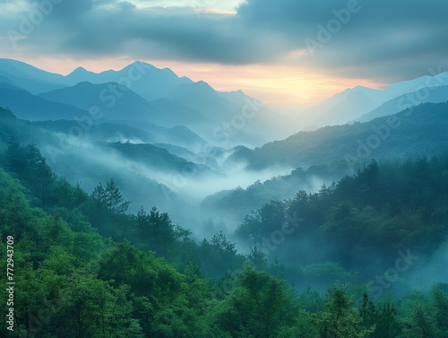 mountain landscape in the early morning, sunrise after the rain. Natural light, grey clouds