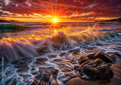 Beautiful seascape. Colorful sunset over the sea.