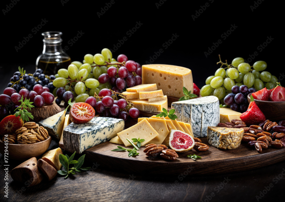 Cheese platter with grapes, nuts and honey on a black background Cheese platter with grapes, nuts and honey on a black background