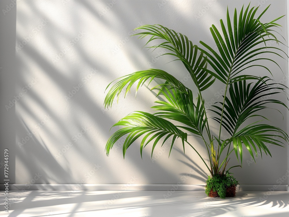 Obraz premium Spring sunlight in green palm branch with shadow on white marble tile wall, sunlight on white wall background