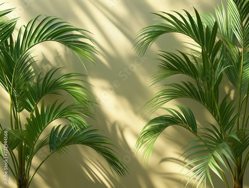 Spring sunlight in green palm branch with shadow on white marble tile wall  sunlight on white wall background