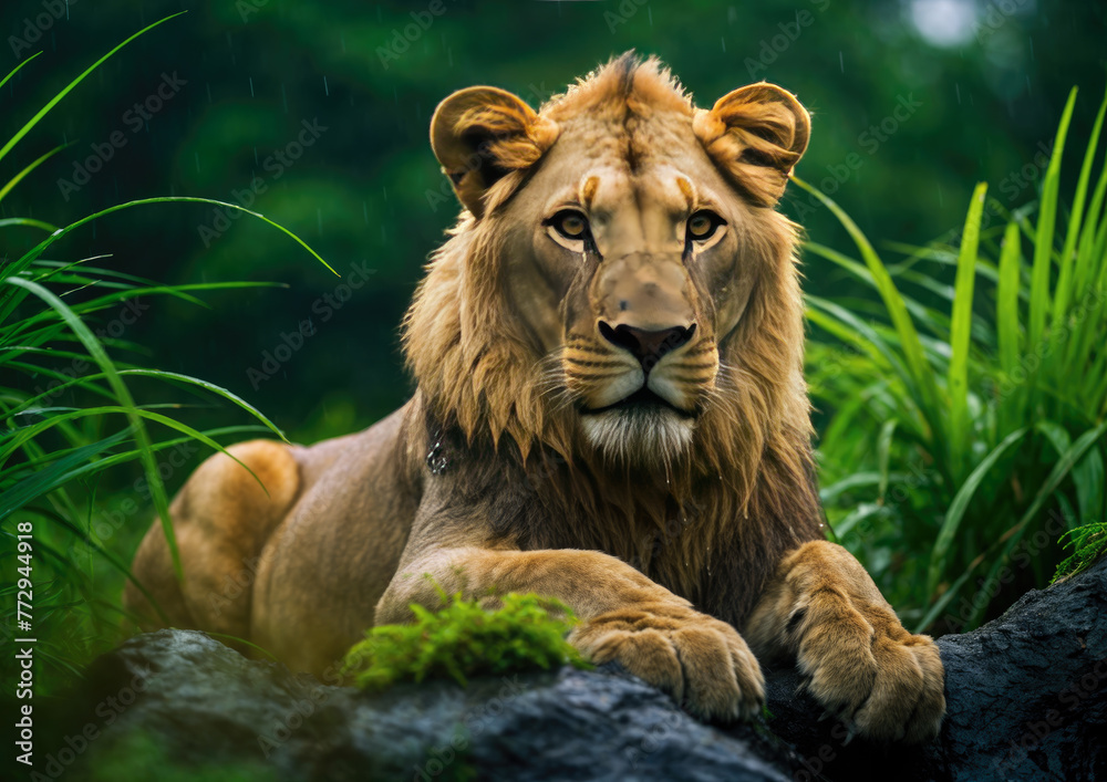 Portrait of lion in the rain. Wildlife scene from nature. Portrait of lion in the rain. Wildlife scene from nature.