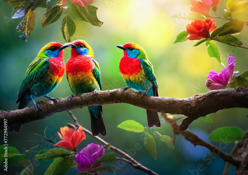 Colorful Bee-eater birds sitting on a branch in nature