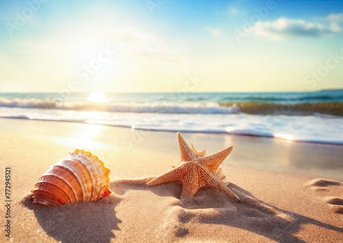 Starfish and seashells on the sandy beach at sunset.